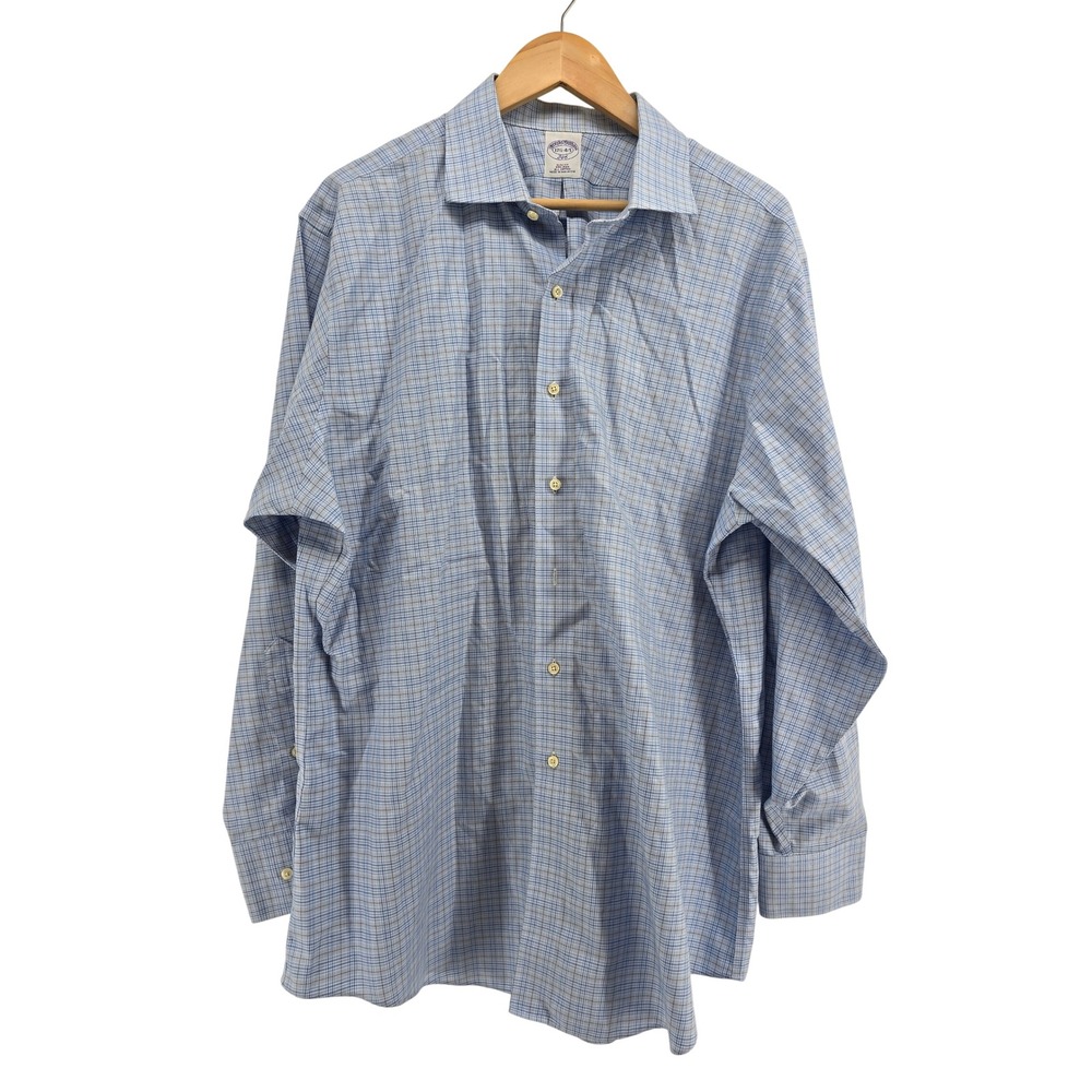 Brooks Brothers Shirt Mens 17.5 34/35 346 Slim Fit Blue Plaid Non-Iron EUC